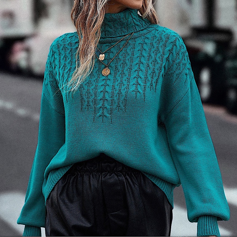 Teal Green knit turtleneck sweater
